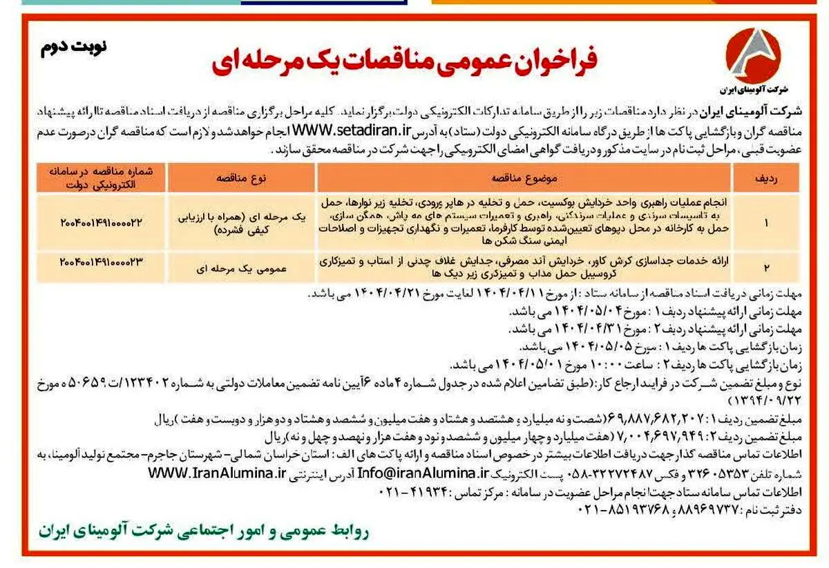 چاپ و انتشار نوبت دوم آگهی مناقصات عمومی یک مرحله ای شرکت آلومینای ایران در روزنامه های
