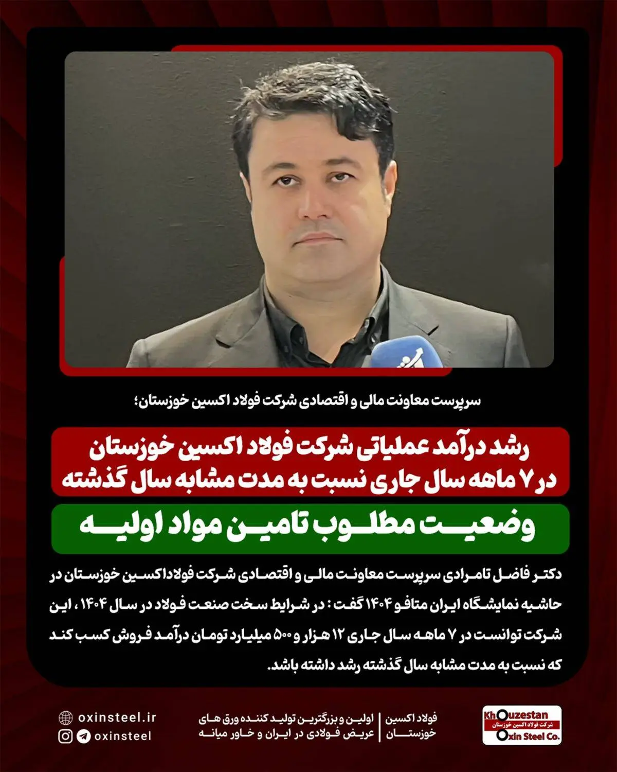 سرپرست معاونت مالی و اقتصادی شرکت فولاد اکسین خوزستان؛

رشد درآمد عملیاتی شرکت فولاد اکسین خوزستان در ۷ ماهه سال جاری نسبت به مدت مشابه سال گذشته/ وضعیت مطلوب تامین مواد اولیه