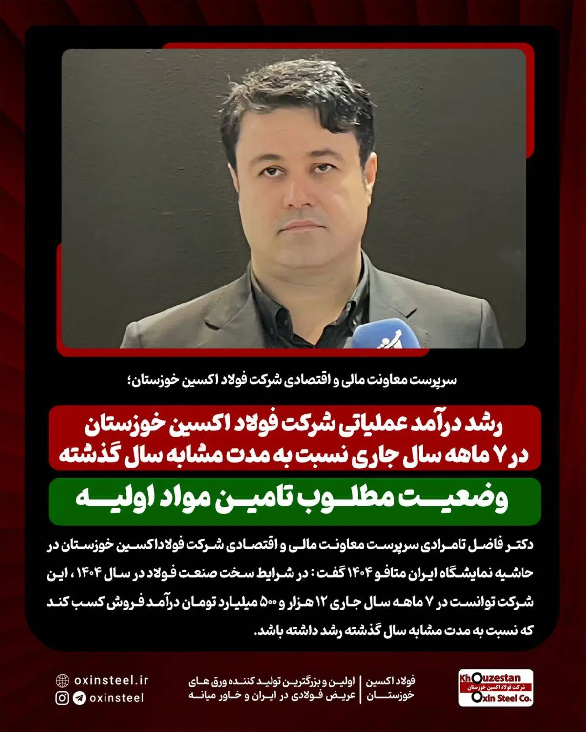سرپرست معاونت مالی و اقتصادی شرکت فولاد اکسین خوزستان؛

رشد درآمد عملیاتی شرکت فولاد اکسین خوزستان در ۷ ماهه سال جاری نسبت به مدت مشابه سال گذشته/ وضعیت مطلوب تامین مواد اولیه