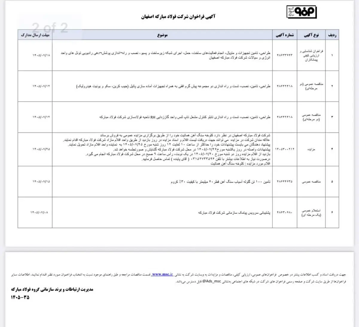 آگهی فراخوان فولاد مبارکه اصفهان