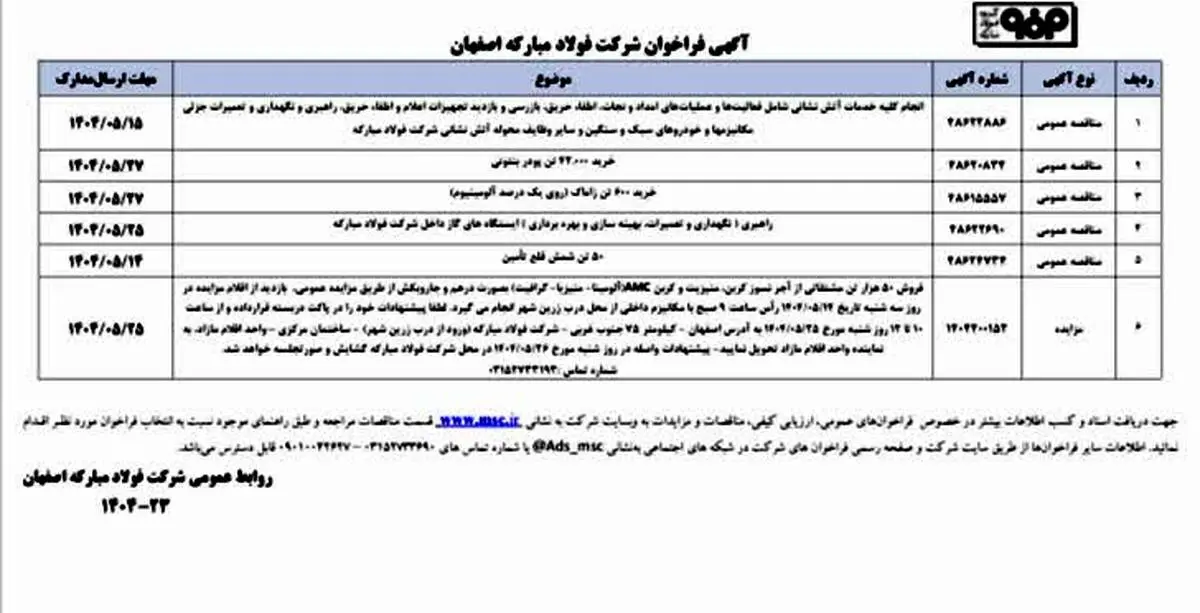 آگهی فراخوان شرکت فولاد مبارکه اصفها ن 
