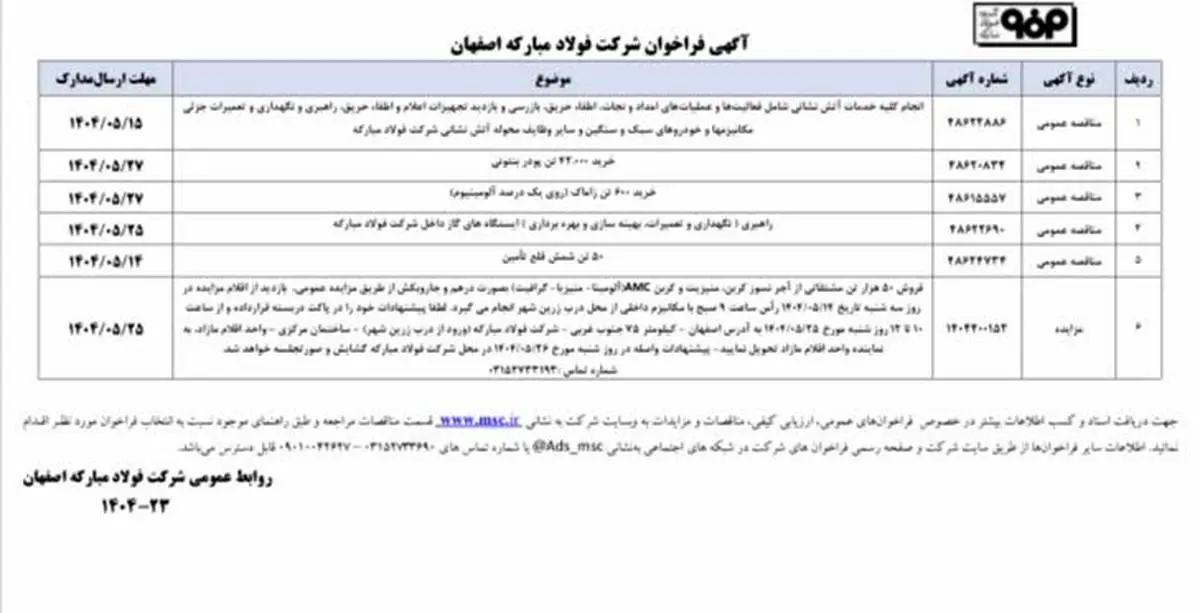 آگهی فراخوان شرکت فولاد مبارکه اصفها ن 
