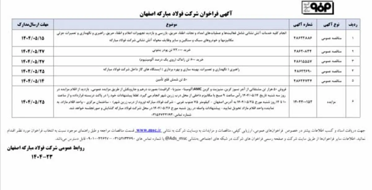 آگهی فراخوان شرکت فولاد مبارکه اصفها ن 
