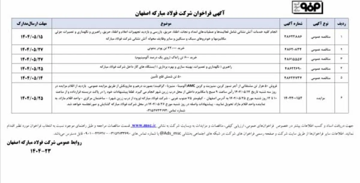 آگهی فراخوان شرکت فولاد مبارکه اصفها ن 
