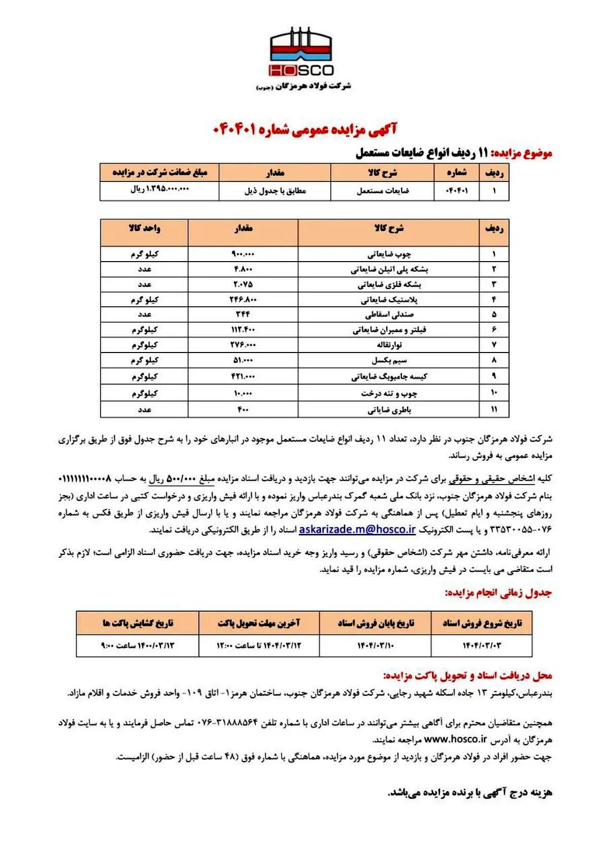 آگهی مزایده عمومی شرکت فولاد هرمزگان جنوب