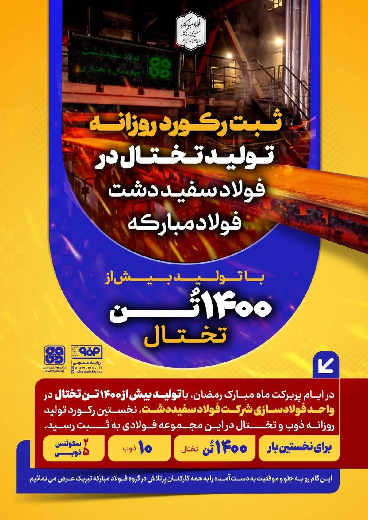 ثبت رکورد روزانه تولید تختال در فولاد سفید دشت فولاد مبارکه

