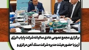 برگزاری مجمع عمومی عادی سالیانه شرکت پایاب انرژی آریز با حضور هیئت مدیره شرکت سنگ آهن مرکزی و اعضای هیئت مدیره شرکت پایاب انرژی