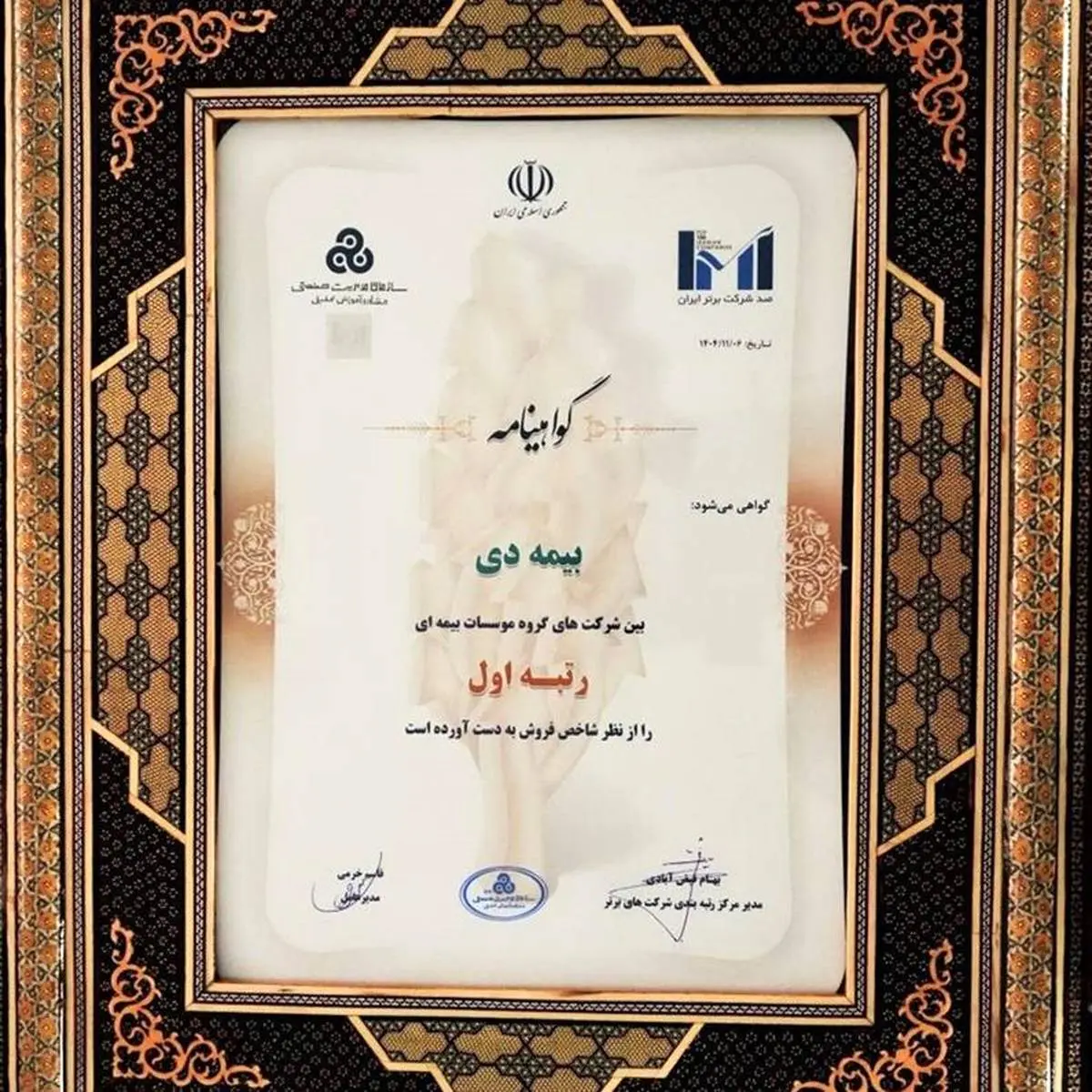 بیمه دی رتبه اول مؤسسات بیمه ای کشور شد
