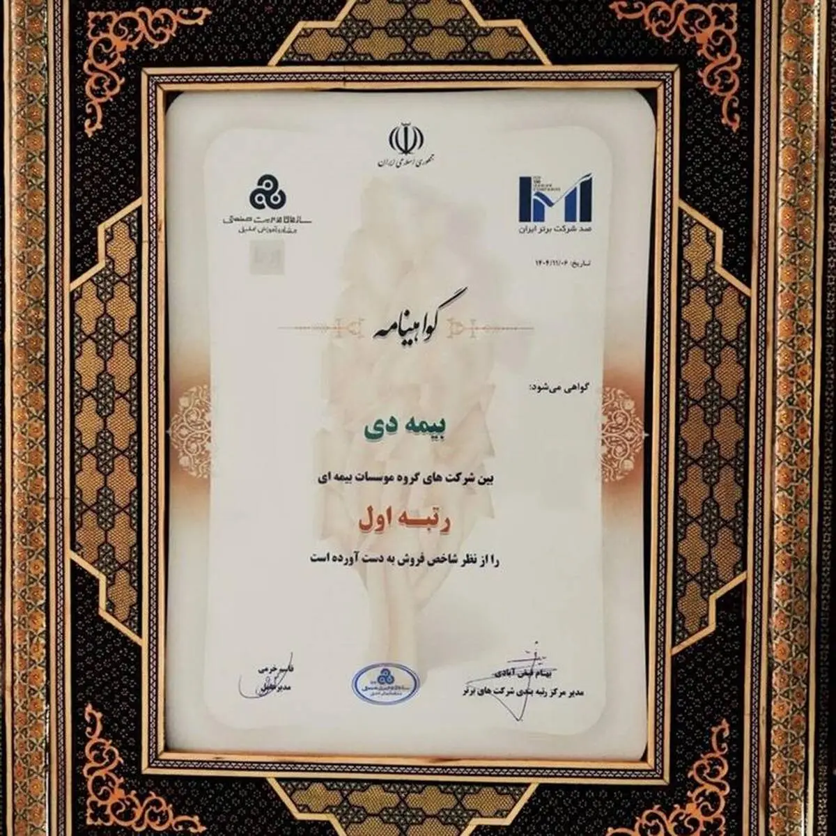 بیمه دی رتبه اول مؤسسات بیمه ای کشور شد
