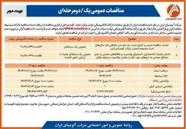 چاپ و انتشار نوبت دوم آگهی فراخوان مناقصات شرکت آلومینای ایران با موضوع:
تجدید مناقصه تخریب و اجرای مجدد یک لایه بتن حفاظتی کف سالن احیاء مجموعه شمش