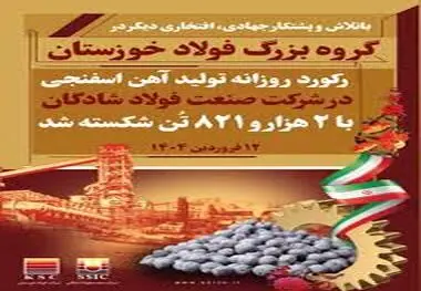 رکورد تولید روزانه آهن اسفنجی در فولاد شادگان جابجا شد


