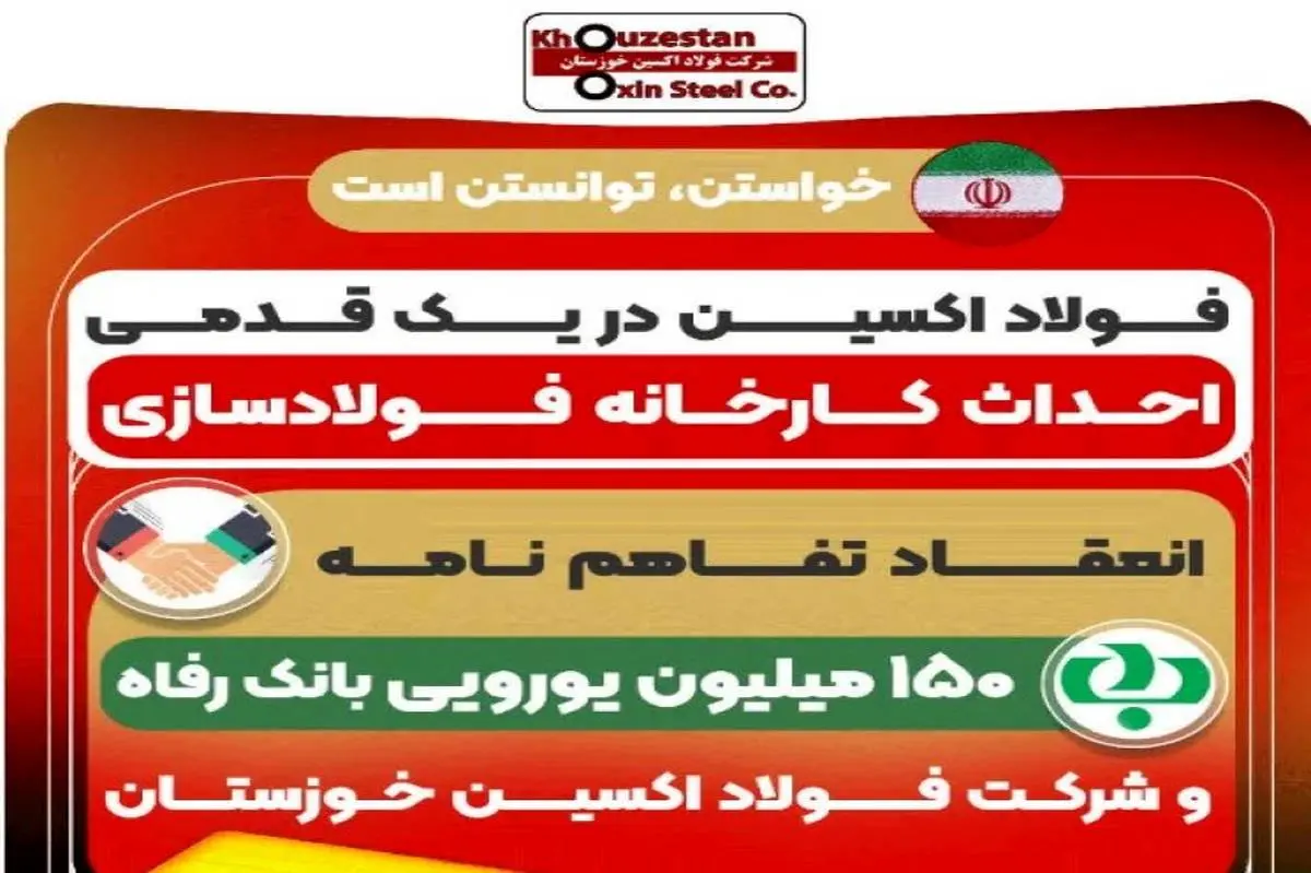 انعقاد تفاهم نامه ۱۵٠ میلیون یورویی بانک رفاه و شرکت فولاد اکسین خوزستان ، پروژه های توسعه ای فولاد اکسین تامین مالی شد