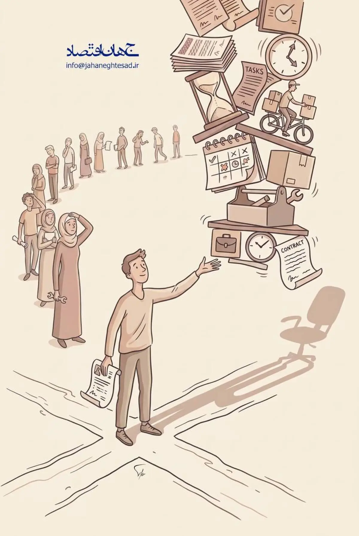 کاریکاتور ـ بیکاری و اشتغال بی‌ثبات جوانان