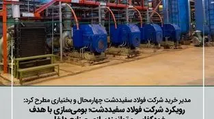 مدیر خرید شرکت فولاد سفیددشت چهارمحال‌وبختیاری مطرح کرد:
بومی‌سازی باهدف خودکفایی و توانمندسازی سازندگان داخلی از اولویت فولاد سفیددشت