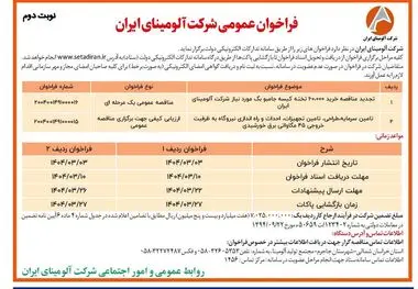 چاپ و انتشار نوبت دوم آگهی فراخوان های عمومی شرکت آلومینای ایران در روزنامه های