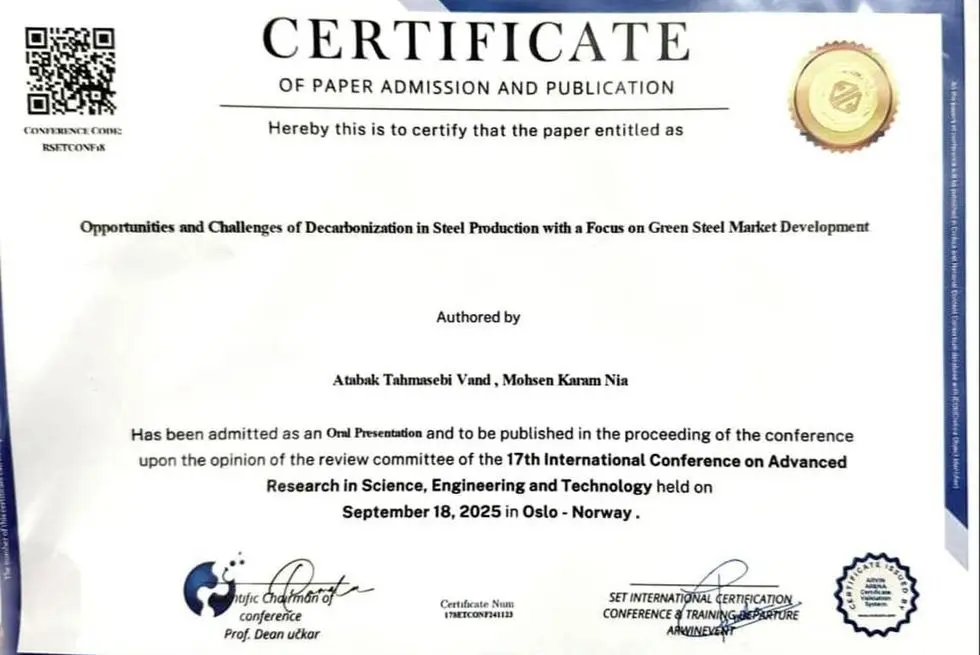 درخشش متخصصان فولاد خوزستان در عرصه بین‌المللی؛

مقاله مهندسان فولاد خوزستان درباره "فولاد سبز" در نروژ برگزیده شد