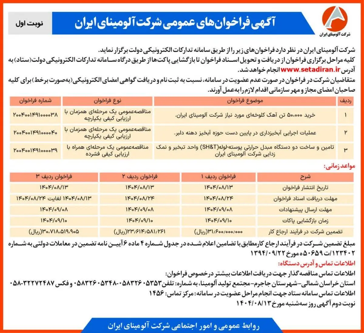 چاپ و انتشار نوبت اول آگهی فراخوان های شرکت آلومینای ایران در روزنامه های