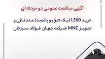 آگهی مناقصه عمومی دو مرحله ای "خرید 1,500 (یک هزار و پانصد) عدد نازل و تجهیز MNC شرکت جهان فولاد سیرجان"