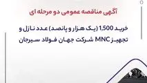آگهی مناقصه عمومی دو مرحله ای "خرید 1,500 (یک هزار و پانصد) عدد نازل و تجهیز MNC شرکت جهان فولاد سیرجان"