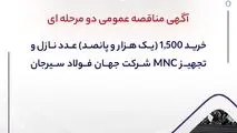 آگهی مناقصه عمومی دو مرحله ای "خرید 1,500 (یک هزار و پانصد) عدد نازل و تجهیز MNC شرکت جهان فولاد سیرجان"