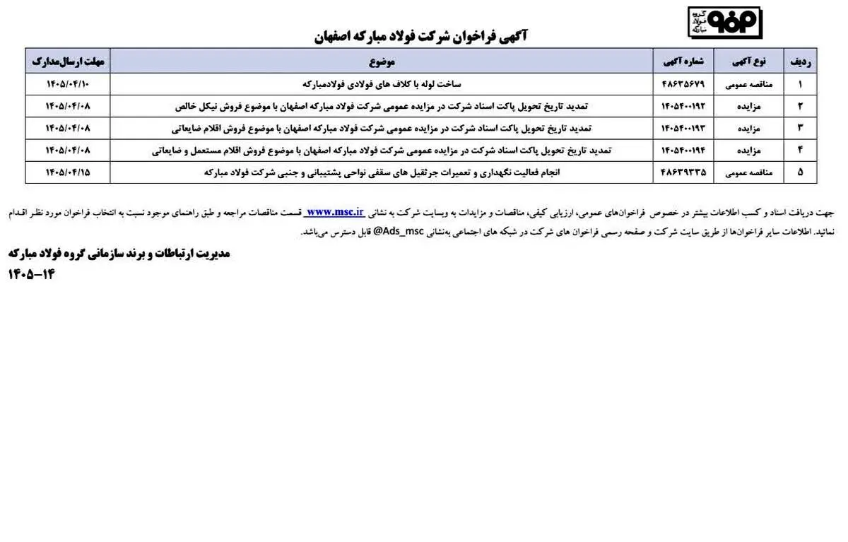 فراخوان شرکت فولاد مبارکه اصفهان