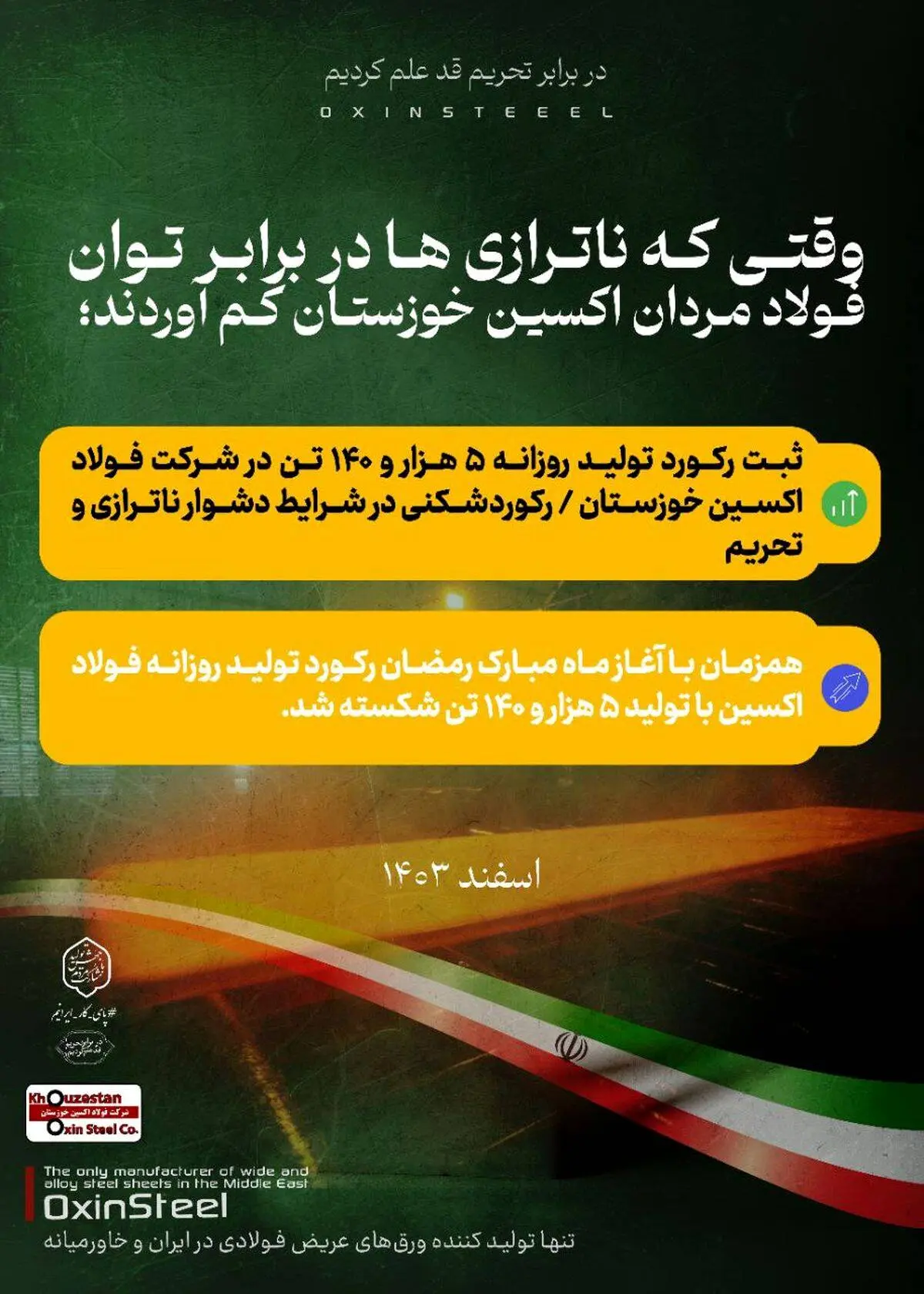 ثبت رکورد تولید روزانه ۵ هزار و ۱۴۰ تن در شرکت فولاد اکسین خوزستان / رکوردشکنی در شرایط دشوار ناترازی و تحریم

