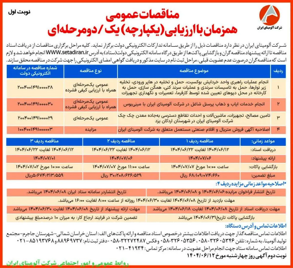 چاپ و انتشار نوبت اول آگهی مناقصات شرکت آلومینای ایران در روزنامه های