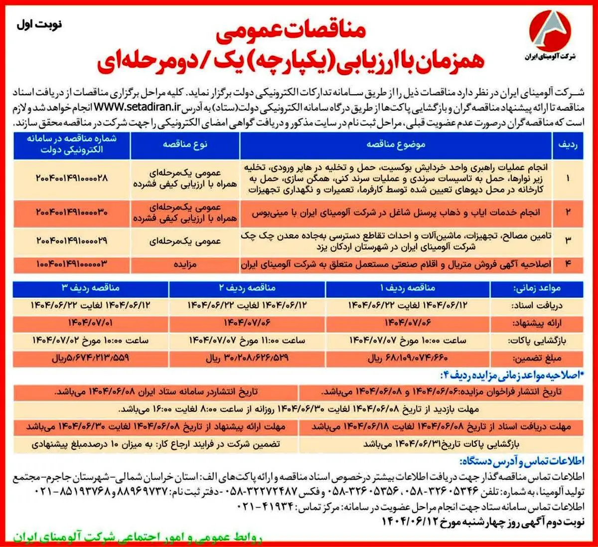 چاپ و انتشار نوبت اول آگهی مناقصات شرکت آلومینای ایران در روزنامه های